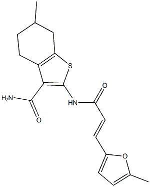 6-methyl-2-{[3-(5-methyl-2-furyl)acryloyl]amino}-4,5,6,7-tetrahydro-1-benzothiophene-3-carboxamide Struktur