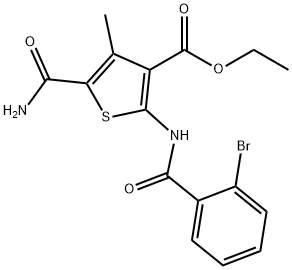 ethyl 5-(aminocarbonyl)-2-[(2-bromobenzoyl)amino]-4-methyl-3-thiophenecarboxylate Struktur