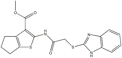 methyl 2-{[(1H-benzimidazol-2-ylsulfanyl)acetyl]amino}-5,6-dihydro-4H-cyclopenta[b]thiophene-3-carboxylate Struktur