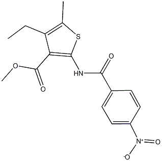 methyl 4-ethyl-2-({4-nitrobenzoyl}amino)-5-methyl-3-thiophenecarboxylate Struktur