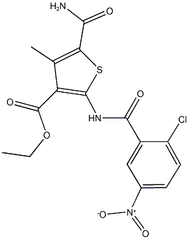 ethyl 5-(aminocarbonyl)-2-({2-chloro-5-nitrobenzoyl}amino)-4-methyl-3-thiophenecarboxylate Struktur