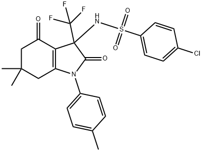 4-chloro-N-[6,6-dimethyl-1-(4-methylphenyl)-2,4-dioxo-3-(trifluoromethyl)-2,3,4,5,6,7-hexahydro-1H-indol-3-yl]benzenesulfonamide Struktur