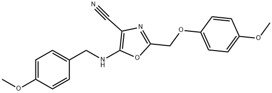 5-[(4-methoxybenzyl)amino]-2-[(4-methoxyphenoxy)methyl]-1,3-oxazole-4-carbonitrile Struktur