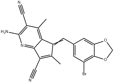 2-amino-5-[(7-bromo-1,3-benzodioxol-5-yl)methylene]-4,6-dimethyl-5H-cyclopenta[b]pyridine-3,7-dicarbonitrile Struktur