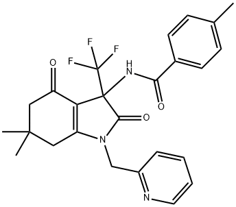 N-[6,6-dimethyl-2,4-dioxo-1-(2-pyridinylmethyl)-3-(trifluoromethyl)-2,3,4,5,6,7-hexahydro-1H-indol-3-yl]-4-methylbenzamide Struktur