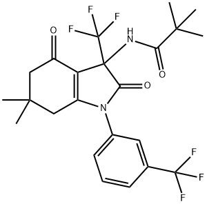 N-{6,6-dimethyl-2,4-dioxo-3-(trifluoromethyl)-1-[3-(trifluoromethyl)phenyl]-2,3,4,5,6,7-hexahydro-1H-indol-3-yl}-2,2-dimethylpropanamide Struktur