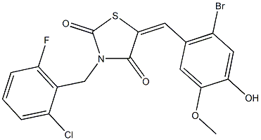 5-(2-bromo-4-hydroxy-5-methoxybenzylidene)-3-(2-chloro-6-fluorobenzyl)-1,3-thiazolidine-2,4-dione Struktur