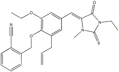 2-({2-allyl-6-ethoxy-4-[(1-ethyl-3-methyl-5-oxo-2-thioxoimidazolidin-4-ylidene)methyl]phenoxy}methyl)benzonitrile Struktur