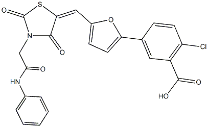 5-(5-{[3-(2-anilino-2-oxoethyl)-2,4-dioxo-1,3-thiazolidin-5-ylidene]methyl}-2-furyl)-2-chlorobenzoic acid Struktur