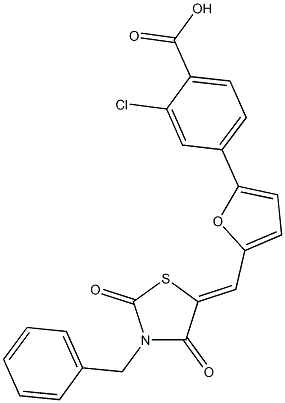 4-{5-[(3-benzyl-2,4-dioxo-1,3-thiazolidin-5-ylidene)methyl]-2-furyl}-2-chlorobenzoic acid Struktur