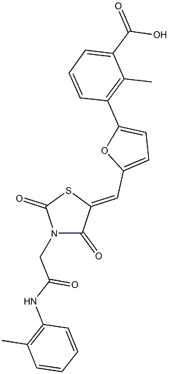 3-[5-({2,4-dioxo-3-[2-oxo-2-(2-toluidino)ethyl]-1,3-thiazolidin-5-ylidene}methyl)-2-furyl]-2-methylbenzoic acid Struktur