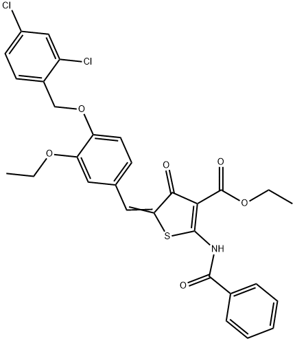 ethyl 2-(benzoylamino)-5-{4-[(2,4-dichlorobenzyl)oxy]-3-ethoxybenzylidene}-4-oxo-4,5-dihydro-3-thiophenecarboxylate Struktur