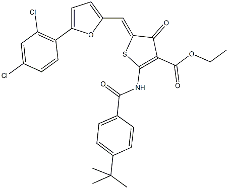 ethyl 2-[(4-tert-butylbenzoyl)amino]-5-{[5-(2,4-dichlorophenyl)-2-furyl]methylene}-4-oxo-4,5-dihydro-3-thiophenecarboxylate Struktur