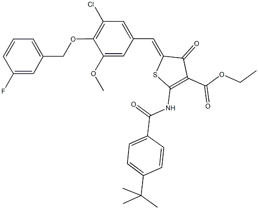 ethyl 2-[(4-tert-butylbenzoyl)amino]-5-{3-chloro-4-[(3-fluorobenzyl)oxy]-5-methoxybenzylidene}-4-oxo-4,5-dihydro-3-thiophenecarboxylate Struktur