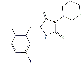 3-cyclohexyl-5-(3,5-diiodo-2-methoxybenzylidene)-2-thioxo-4-imidazolidinone Struktur