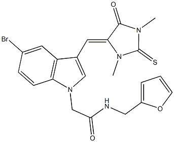 2-{5-bromo-3-[(1,3-dimethyl-5-oxo-2-thioxo-4-imidazolidinylidene)methyl]-1H-indol-1-yl}-N-(2-furylmethyl)acetamide Struktur