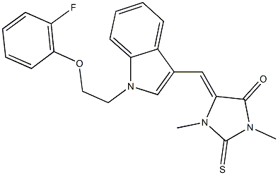 5-({1-[2-(2-fluorophenoxy)ethyl]-1H-indol-3-yl}methylene)-1,3-dimethyl-2-thioxo-4-imidazolidinone Struktur