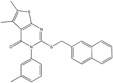 5,6-dimethyl-3-(3-methylphenyl)-2-[(2-naphthylmethyl)sulfanyl]thieno[2,3-d]pyrimidin-4(3H)-one Struktur