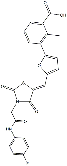 3-[5-({3-[2-(4-fluoroanilino)-2-oxoethyl]-2,4-dioxo-1,3-thiazolidin-5-ylidene}methyl)-2-furyl]-2-methylbenzoic acid Struktur