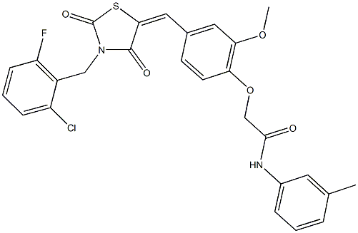 2-(4-{[3-(2-chloro-6-fluorobenzyl)-2,4-dioxo-1,3-thiazolidin-5-ylidene]methyl}-2-methoxyphenoxy)-N-(3-methylphenyl)acetamide Struktur