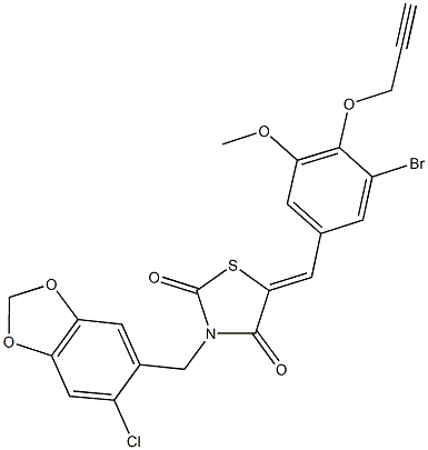 5-[3-bromo-5-methoxy-4-(2-propynyloxy)benzylidene]-3-[(6-chloro-1,3-benzodioxol-5-yl)methyl]-1,3-thiazolidine-2,4-dione Struktur