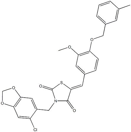 3-[(6-chloro-1,3-benzodioxol-5-yl)methyl]-5-{3-methoxy-4-[(3-methylbenzyl)oxy]benzylidene}-1,3-thiazolidine-2,4-dione Struktur