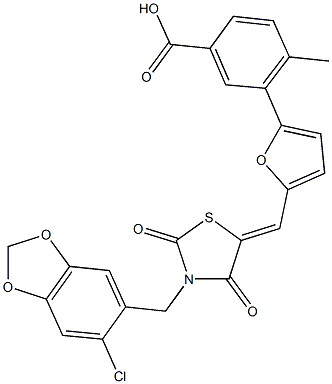 3-[5-({3-[(6-chloro-1,3-benzodioxol-5-yl)methyl]-2,4-dioxo-1,3-thiazolidin-5-ylidene}methyl)-2-furyl]-4-methylbenzoic acid Struktur