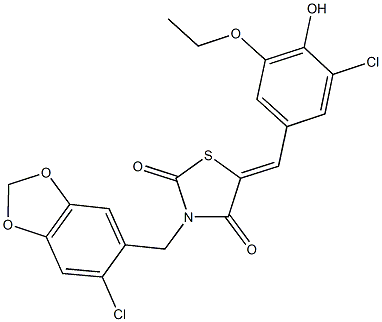 3-[(6-chloro-1,3-benzodioxol-5-yl)methyl]-5-(3-chloro-5-ethoxy-4-hydroxybenzylidene)-1,3-thiazolidine-2,4-dione Struktur