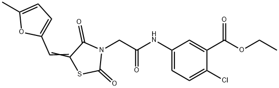 ethyl 2-chloro-5-[({5-[(5-methyl-2-furyl)methylene]-2,4-dioxo-1,3-thiazolidin-3-yl}acetyl)amino]benzoate Struktur