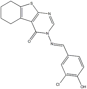 3-[(3-chloro-4-hydroxybenzylidene)amino]-5,6,7,8-tetrahydro[1]benzothieno[2,3-d]pyrimidin-4(3H)-one Struktur