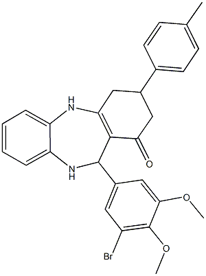 11-(3-bromo-4,5-dimethoxyphenyl)-3-(4-methylphenyl)-2,3,4,5,10,11-hexahydro-1H-dibenzo[b,e][1,4]diazepin-1-one Struktur