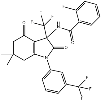 N-{6,6-dimethyl-2,4-dioxo-3-(trifluoromethyl)-1-[3-(trifluoromethyl)phenyl]-2,3,4,5,6,7-hexahydro-1H-indol-3-yl}-2-fluorobenzamide Struktur