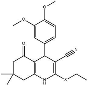 4-(3,4-dimethoxyphenyl)-2-(ethylsulfanyl)-7,7-dimethyl-5-oxo-1,4,5,6,7,8-hexahydro-3-quinolinecarbonitrile Struktur