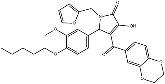 4-(2,3-dihydro-1,4-benzodioxin-6-ylcarbonyl)-1-(2-furylmethyl)-3-hydroxy-5-[3-methoxy-4-(pentyloxy)phenyl]-1,5-dihydro-2H-pyrrol-2-one Struktur