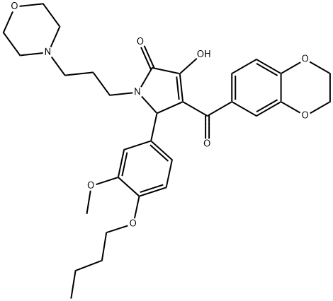 5-(4-butoxy-3-methoxyphenyl)-4-(2,3-dihydro-1,4-benzodioxin-6-ylcarbonyl)-3-hydroxy-1-[3-(4-morpholinyl)propyl]-1,5-dihydro-2H-pyrrol-2-one Struktur