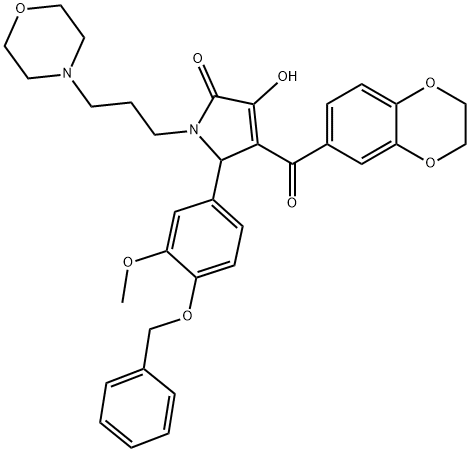 5-[4-(benzyloxy)-3-methoxyphenyl]-4-(2,3-dihydro-1,4-benzodioxin-6-ylcarbonyl)-3-hydroxy-1-[3-(4-morpholinyl)propyl]-1,5-dihydro-2H-pyrrol-2-one Struktur