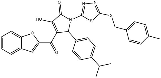 4-(1-benzofuran-2-ylcarbonyl)-3-hydroxy-5-(4-isopropylphenyl)-1-{5-[(4-methylbenzyl)sulfanyl]-1,3,4-thiadiazol-2-yl}-1,5-dihydro-2H-pyrrol-2-one Struktur