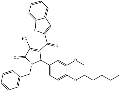 4-(1-benzofuran-2-ylcarbonyl)-1-benzyl-3-hydroxy-5-[3-methoxy-4-(pentyloxy)phenyl]-1,5-dihydro-2H-pyrrol-2-one Struktur