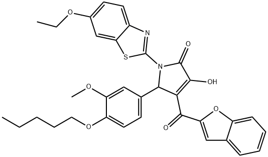 4-(1-benzofuran-2-ylcarbonyl)-1-(6-ethoxy-1,3-benzothiazol-2-yl)-3-hydroxy-5-[3-methoxy-4-(pentyloxy)phenyl]-1,5-dihydro-2H-pyrrol-2-one Struktur