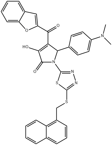 4-(1-benzofuran-2-ylcarbonyl)-5-[4-(dimethylamino)phenyl]-3-hydroxy-1-{5-[(1-naphthylmethyl)sulfanyl]-1,3,4-thiadiazol-2-yl}-1,5-dihydro-2H-pyrrol-2-one Struktur