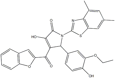 4-(1-benzofuran-2-ylcarbonyl)-1-(4,6-dimethyl-1,3-benzothiazol-2-yl)-5-(3-ethoxy-4-hydroxyphenyl)-3-hydroxy-1,5-dihydro-2H-pyrrol-2-one Struktur