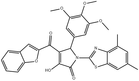 4-(1-benzofuran-2-ylcarbonyl)-1-(4,6-dimethyl-1,3-benzothiazol-2-yl)-3-hydroxy-5-(3,4,5-trimethoxyphenyl)-1,5-dihydro-2H-pyrrol-2-one Struktur