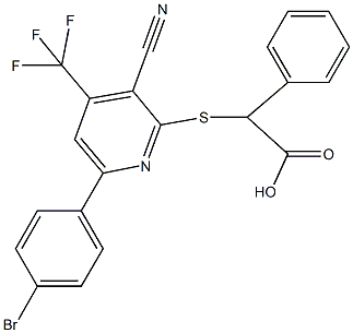 2-{[6-(4-bromophenyl)-3-cyano-4-(trifluoromethyl)-2-pyridinyl]sulfanyl}-2-phenylacetic acid Struktur