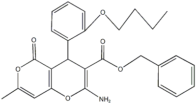 benzyl 2-amino-4-(2-butoxyphenyl)-7-methyl-5-oxo-4H,5H-pyrano[4,3-b]pyran-3-carboxylate Struktur