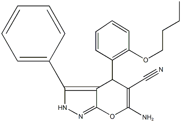 6-amino-4-(2-butoxyphenyl)-3-phenyl-2,4-dihydropyrano[2,3-c]pyrazole-5-carbonitrile Struktur