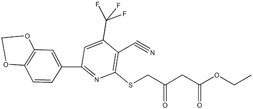 ethyl 4-{[6-(1,3-benzodioxol-5-yl)-3-cyano-4-(trifluoromethyl)-2-pyridinyl]sulfanyl}-3-oxobutanoate Struktur