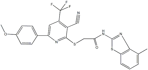 2-{[3-cyano-6-(4-methoxyphenyl)-4-(trifluoromethyl)-2-pyridinyl]sulfanyl}-N-(4-methyl-1,3-benzothiazol-2-yl)acetamide Struktur