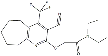 2-{[3-cyano-4-(trifluoromethyl)-6,7,8,9-tetrahydro-5H-cyclohepta[b]pyridin-2-yl]sulfanyl}-N,N-diethylacetamide Struktur