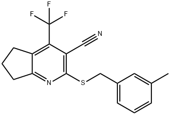 2-[(3-methylbenzyl)sulfanyl]-4-(trifluoromethyl)-6,7-dihydro-5H-cyclopenta[b]pyridine-3-carbonitrile Struktur