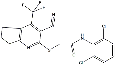 2-{[3-cyano-4-(trifluoromethyl)-6,7-dihydro-5H-cyclopenta[b]pyridin-2-yl]sulfanyl}-N-(2,6-dichlorophenyl)acetamide Struktur